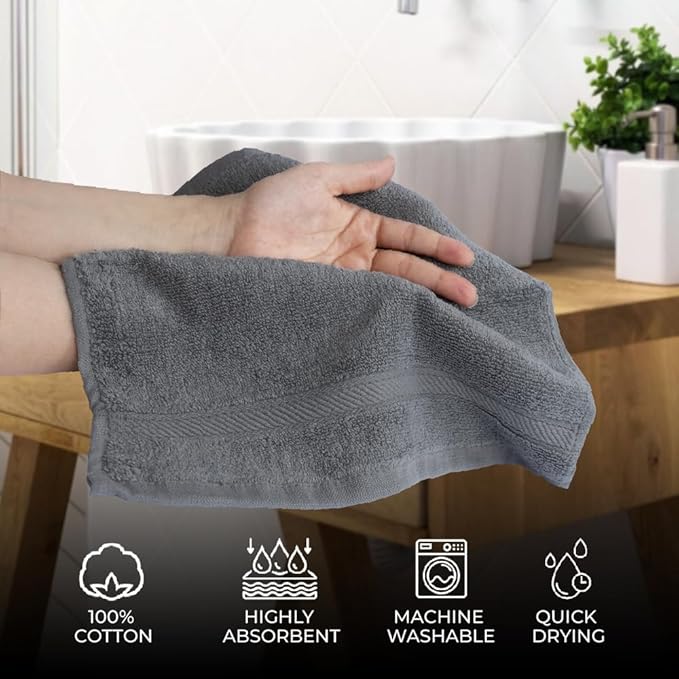 Avalon Towels Cotton Washcloths – (Pack of 12) Size 13x13 Inches, 100% Ring Spun Cotton, Absorbent, Soft Face Towels, Gym Towels, Hotel and Spa Quality, Reusable Fingertip Towels (Grey)