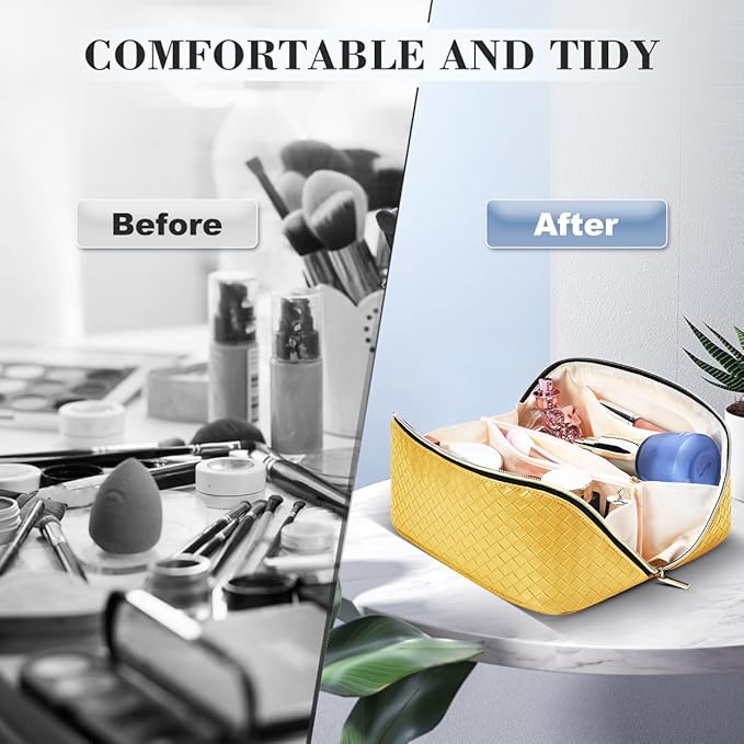 Travel Makeup Bag: Large Capacity Cosmetic Bag for Women, Portable PU Leather Waterproof Stuff Bag With Handle and Divider Flat Lay Makeup Pouch Toiletry Bag Birthday Gift for Women - Yellow