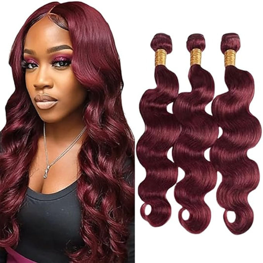 Color 99j Burgundy Bundles Body Wave Human Hair Bundles Wine Red Brazilian Extensions Weave Wet and Wavy Soft Silky for Black Woman 24 24 24 Inch