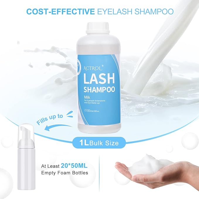 Eyelash Extension Cleanser Milk 1L Natural Lash Extension Shampoo Professional Eyelid Foaming Cleanser Paraben & Sulfate Free Non-lrritating with Salon and Home Care