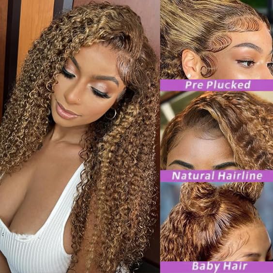 34inch Highlight Ombre 13x6 Lace Front Wig Human Hair Pre Plucked P4/27 Deep Wave Lace Front Wigs Honey Blonde HD Lace Frontal Wigs Human Hair 180% Density Colored curly Human Hair Wig