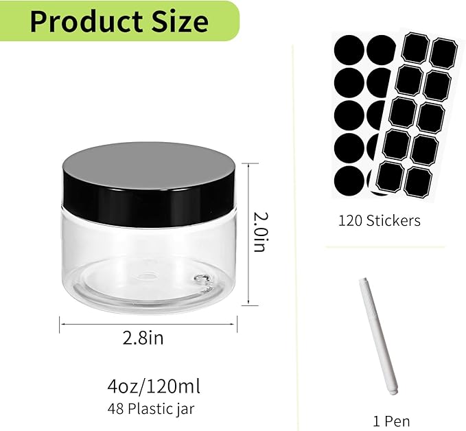 48 Pack 120ml 4 oz Empty Clear Plastic Jars with Black Lids, Refillable Round Containers for Slime,Beauty Products, powder, Cream, Scrubs, Cookie,Dried Fruit. Include 1 Pen and 120 Labels.