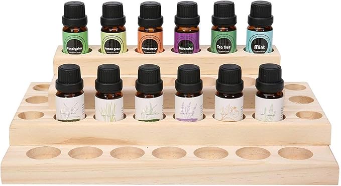 Pure Vie 4 Tier Essential Oil Bottles Wooden Storage Display Stand Travel Display Presentation Holder, Cosmetic Aromatherapy Organizer Rack Nail Polish Fragrance Container - Holds 30 Slots (15 ml)