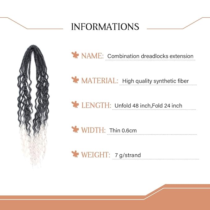 24 In Dreadlock Extensions Curly Ended, 10 Strands Ombre White Synthetic Double Ended Dreads Extensions, 100% Handmade Dreads Hippie Style Dreadlocks for Woman