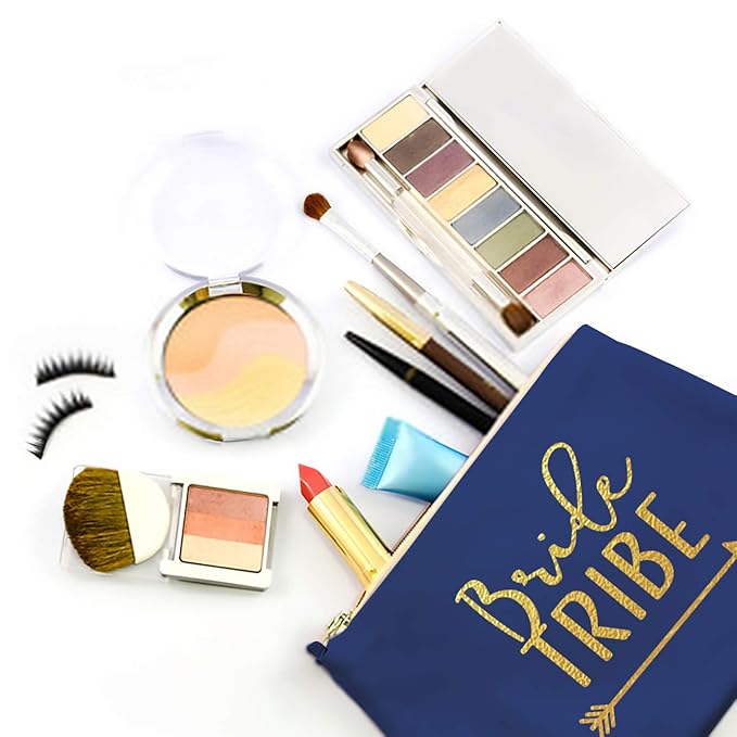 Heather & Willow 6 Piece Set | Navy Blue Bride Tribe Canvas Cosmetic Makeup Clutch Gifts Bag for Bridesmaid Proposal Box & Bridesmaids Bachelorette Party Favors