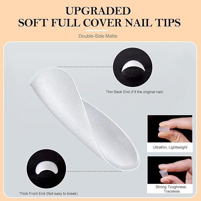 360pcs Short Coffin Nail Tips Kit, Clear Acrylic Nail Extension Set in 15 Sizes, Matte Full Cover Press on False Nail Tips with 20ml*2 Glue Gel & UV Nail Lamp, Spring Summer DIY Salon Gift