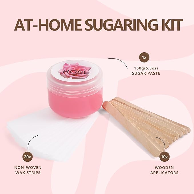 Sugar Wax Kit Suagring Kit: 150g/5.3oz Organic Sugaring Paste for Bikini & Sensitive Skin Hair Removal - Includes 10 Sticks & 20 Wax Strips