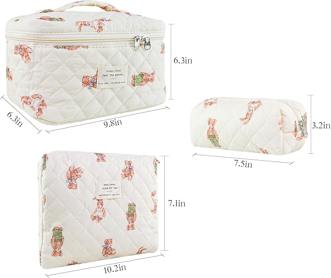 3Pcs Makeup Bag Cotton Quilted Travel Cosmetic Bag Cute Floral Makeup Pouch Large Toiletry Bag for Women Girls