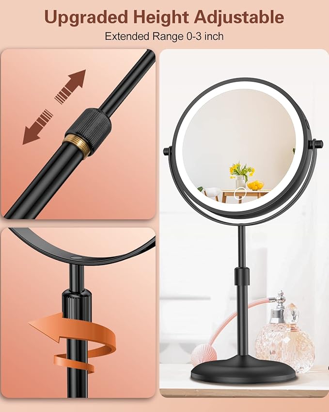 Benbilry Lighted Makeup Mirror with 10X Magnification & 3 Color Lights, Adjustable Brightness & Height, 7 Inch 360° Swivel Rechargeable LED Magnifying Make Up Mirror with Lighting (Black)