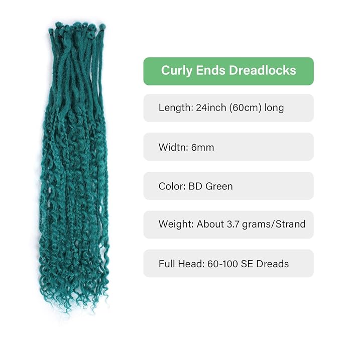 24 In 30 Strands Boho Braid Dreadlock Extensions, Castleton Green Synthetic Curly Dreads Extensions with Box Braid, 100% Handmade Dreads Hippie Style Dreadlocks for Woman