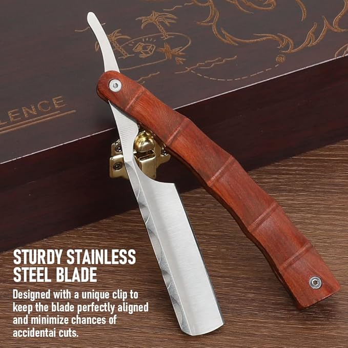 Professional Straight Blade Razor Kit with Strop - Straight Edge Barber Razor Stainless Steel Sharp Shaver Razor for Men Home & Salon Grooming Using (Brown)