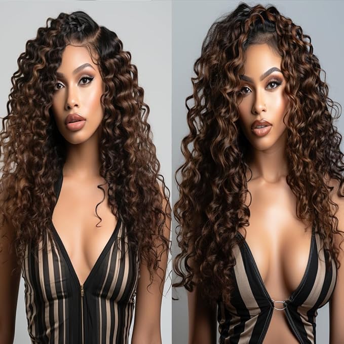 Ombre Bundles Highlight P1B/30 Deep Curly Human Hair Bundles Two Tone Black Mixed With #30 Blonde Curly Bundles Brazilian Human Hair Weave Wet and Wavy for Black Women 18 20 22 Inch