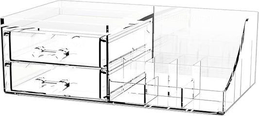 Cq acrylic Clear Makeup Organizer - 2 Drawer Vanity Makeup Holder for Skincare, Hair Clip, Jewelry and Beauty Storage - 1 Pack