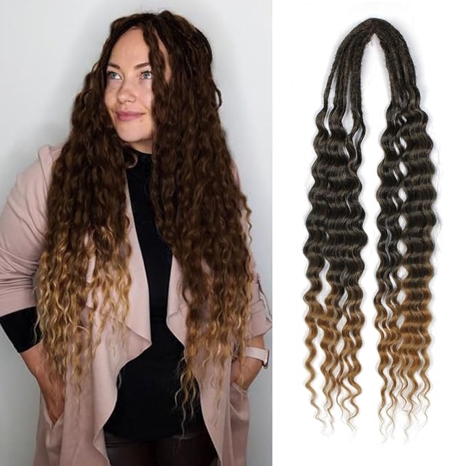 24 In Curly Dreadlock Extensions, 10 Strands Ombre Brown Synthetic Double Ended Dreads Extensions, 100% Handmade Dreads Hippie Style Dreadlocks for Woman