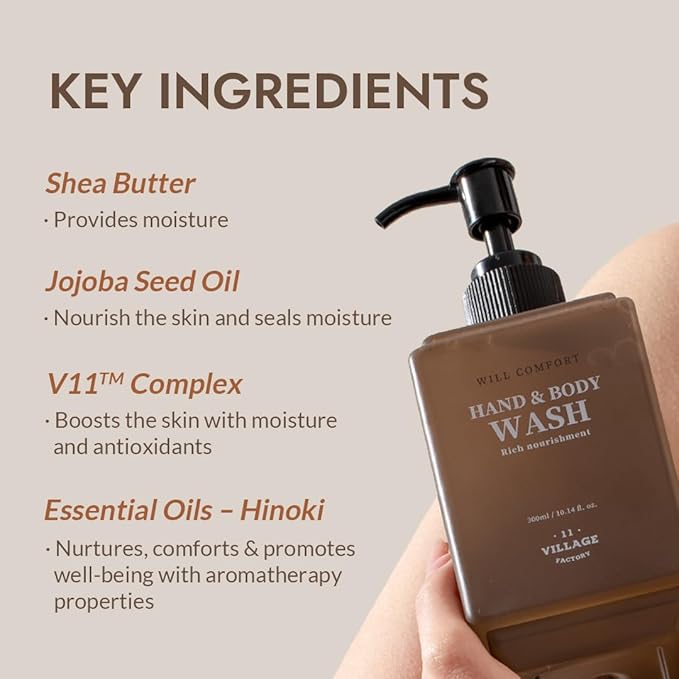 Will Comfort Hand and Body Wash (300ml/10.14 fl.oz.) Korean Body Cleanser Aromatherapy Hinoki Essential Oil Nourishing Shea Butter and Jojoba Oil