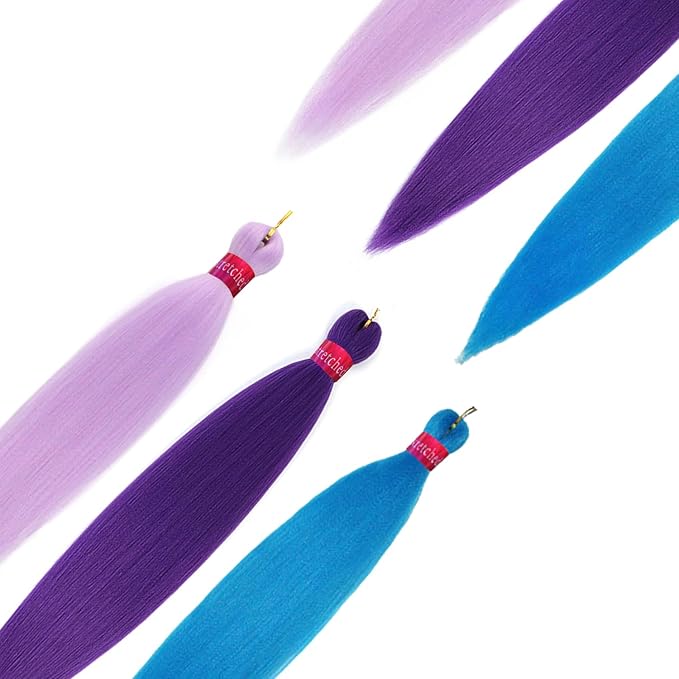 Colors Braiding Hair Pre stretched 28 Inches 3 Bundles Extensions Kanekalon Synthetic Hair Three Color Mix Diy Combinations, 1pur/3pur/lade blue