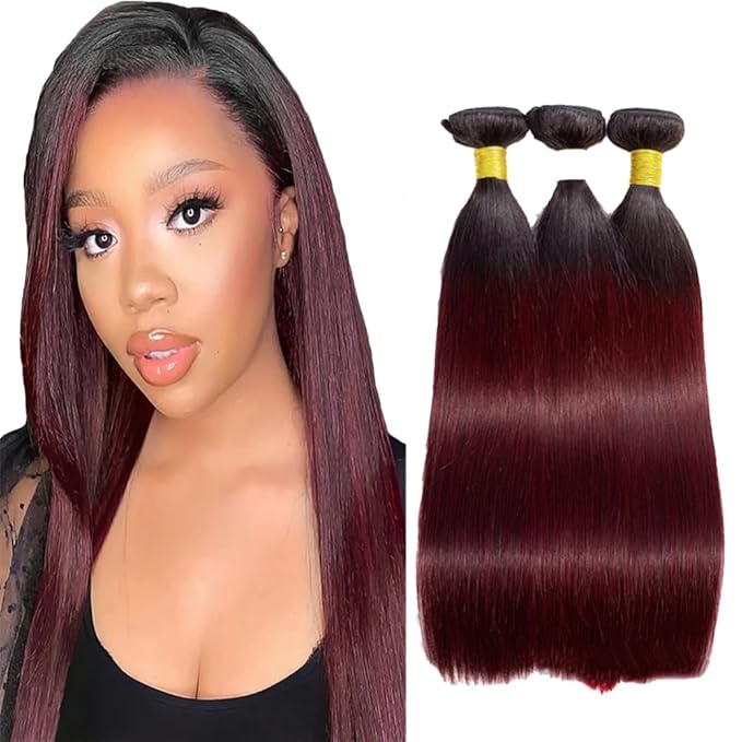 1B99J Straight Bundles Human Hair Two Tone Black and Burgundy Straight Bundles Brazilian Human Hair Weave Soft and Silky for Women 26 28 30 Inch