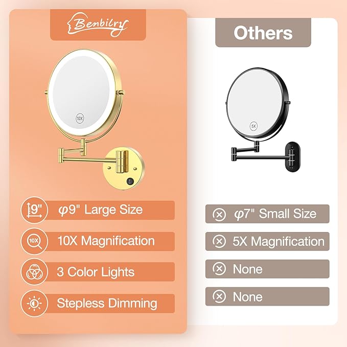 Benbilry 9" Large Size Wall Mounted Lighted Makeup Vanity Mirror, 1X/10X Magnifying Double-Sided AC Powered Bathroom Mirror with 3 Color Lights, Touch Dimmable, Extended Arm 360 Rotation, Gold