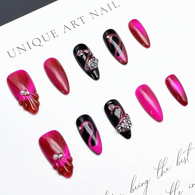 Almond Press on Nails Handmade Medium Long/Stiletto 3D Flower Fake Nail with Designs, Women Reusable False Nails (Hot Pink, L)