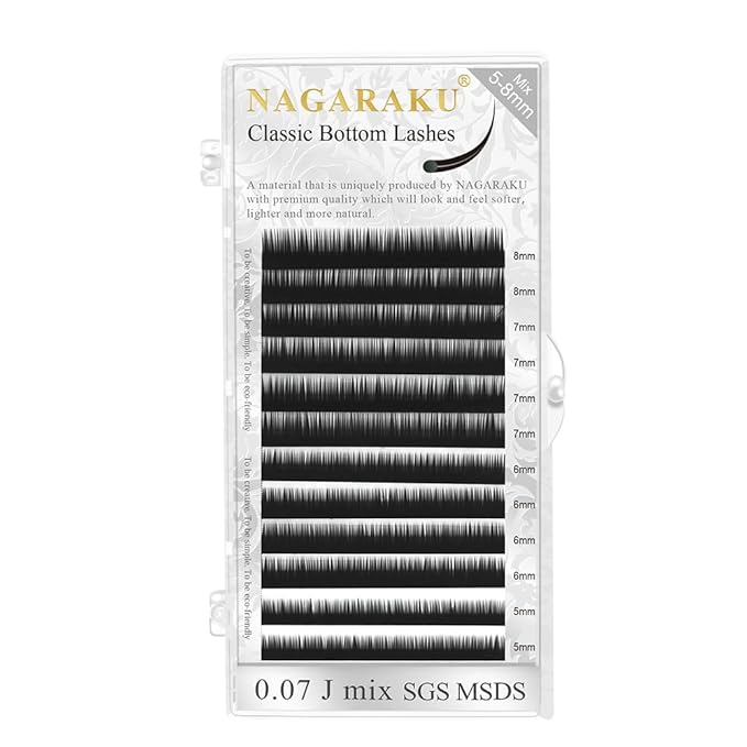 NAGARAKU Bottom Eyelash Extensions Individual Lashes Classic Single Matte Black Soft Natural Faux Mink False Lashes 12 rows (0.10mm J curl 5-8mm Mix Tray)