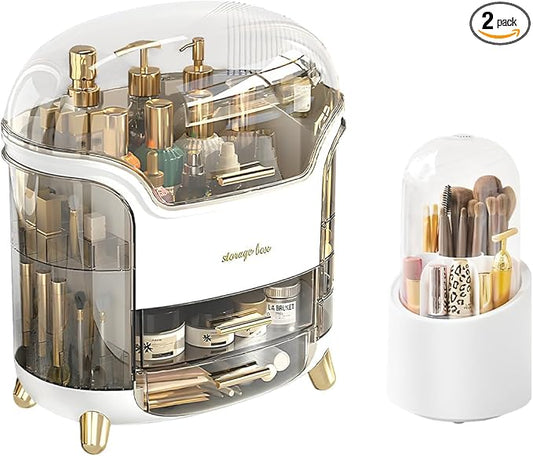 Makeup Organizer for Vanity, Skincare Organizer, Makeup Storage Drawers, Cosmetics Organizer with Lid, Makeup Brush Holder Rotating, Dressing Table Organizer, Large Makeup Box(White)
