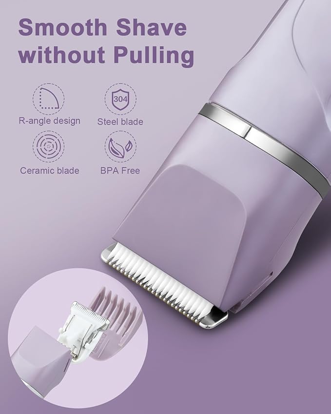 Bikini Trimmer for Women Painless Electric Razor for Women,3 in 1 Pubic Hair Trimmer for Women,USB Recharge Dock,Replaceable Ceramic Blade Heads,IPX7,Personal Shaver Kits,Purple