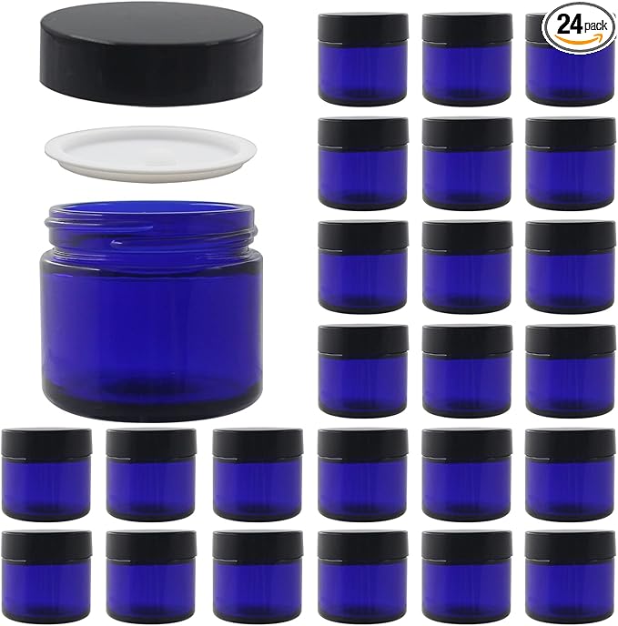 24 Pack 2 oz Round Blue Glass Cosmetic Jars with Inner Liners and Black Lids, Travel Jars, Refillable Containers for Makeup, Cream, Lotion, Sugar Scrubs, Eye Shadow, Slime, Paint, Jewelry