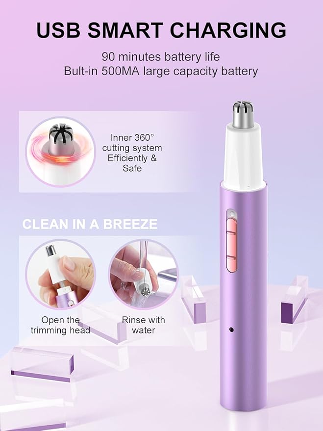 Nose Hair Trimmer for Women Men,2025 Rechargeable 2 in 1 Eyebrow & Facial Trimmer, Professional Painless Ear Hair Trimmer with Powerful Motor and Dual-Edge Blades Easy Cleansing (Purple)