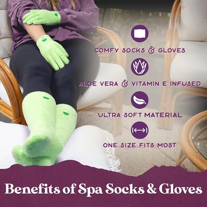 Aloe Socks and Gloves Set | Green Moisturizing Socks and Gloves Infused with Aloe and Vitamin E | Spa Socks and Gloves for Women