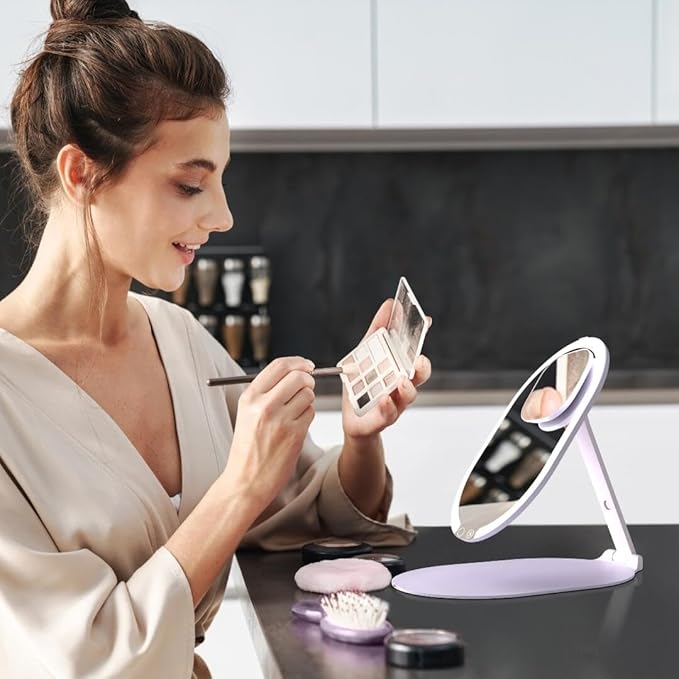 Fancii LED Rechargeable Portable Makeup Mirror with 3 Color Light Settings & 10x Magnetic Magnifying Mirror – Ultra Slim, Foldable Travel Vanity Mirror, 1500 mAh Battery, Height (Purple)
