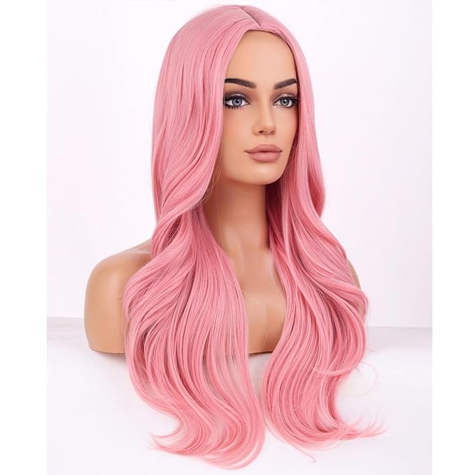 BERON Pink Wigs Long Wavy Wig for Women Natural Curly Pink Colorful Heat Resistant Synthetic Hair Wigs for Cosplay Party Daily or Use