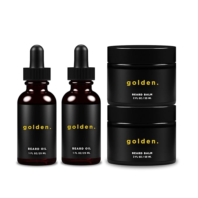 Golden Grooming Beard Oil & Balm Bundle for Men | Natural Growth Kit with Shea Butter | 2-Sets of 2oz Balm & 1oz Oil | Fresh Scent