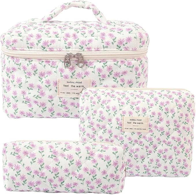 Makeup Bag, 3 PCS Quilted Makeup Bag, Cute Floral Cotton Cosmetic Bag set, Coquette Makeup Pouch Large Travel Toiletry Bag