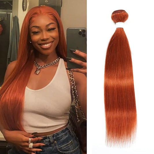 REMY Hair Brazilian Virgin Hair One Bundle Virgin Human Hair Weaves Extension Burnt Orange Color #350 Hair Weave Bundles (22 Inch)
