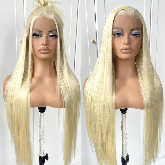 13x6 HD Long Straight Lace Front Wig White Glueless Straight Hair Lace Front Wig Pre Plucked Yaki Synthetic 613 Lace Front Wig 32inch