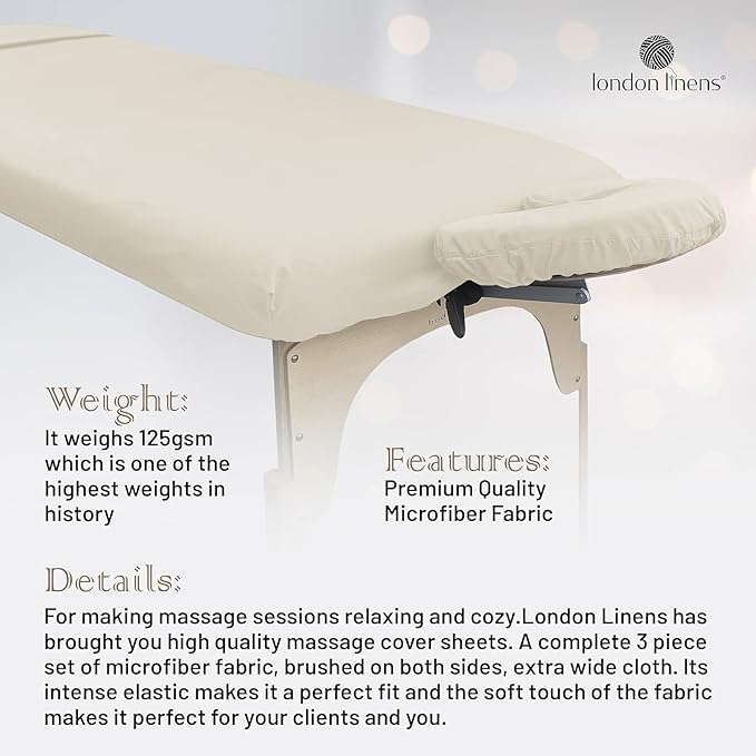 LONDON LINENS Pack of 2 Soft Microfiber Massage Table Sheets 3 Piece Set - Includes Massage Table Cover, Massage Fitted Sheet, and Massage Face Rest Cover (Cream)