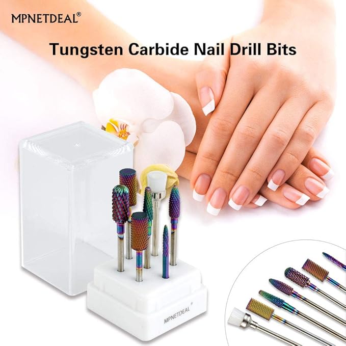 Tungsten Carbide Nail Drill Bits Set 7Pcs, Durable Less Dust, 3/32 inch for Acrylic Gel Nails Cuticle Manicure, Professional Acrylic Nail File Drill Bit