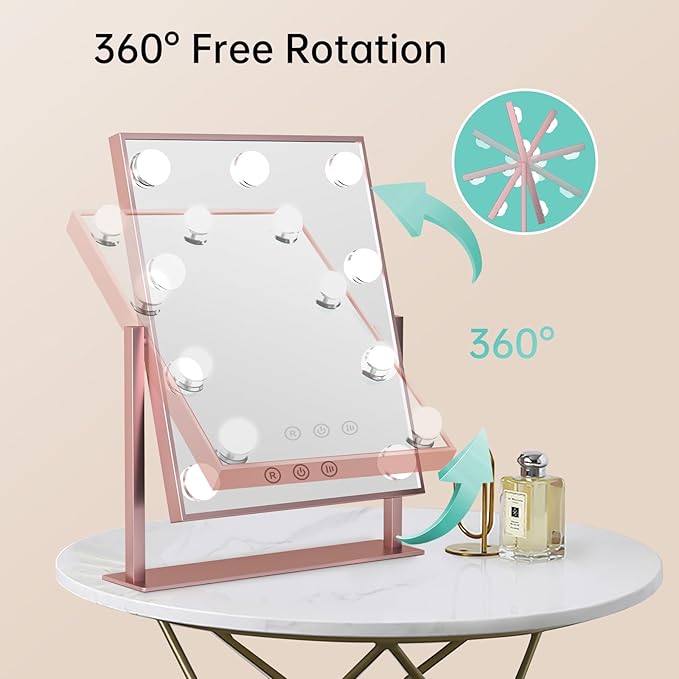 COSMIRROR Vanity Makeup Mirror with Lights, Hollywood Large Mirror with Lights, Lighted Vanity Mirror with 9 Dimmable Bulbs & 3 Color Modes,Touch Control Tabletop Makeup Mirror 360°Rotation