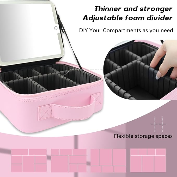 Travel Makeup Bag with LED Lighted Mirror,Cosmetics Organizer, Makeup Bag with 3 Color Lighted Setting, Portable Storage and Adjustable Dividers Travel Makeup Bag(Light Pink)