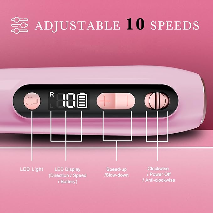 ENGERWALL Professional Manicure Pedicure Kit, Electric Nail File Set, Portable Cordless Electric Nail Drill Machine, 10 Speeds Nail Care Tool for Grind Trim Polish, Pink