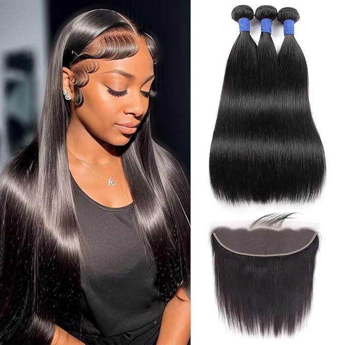 10A Straight Bundles with Frontal 14 16 18 with 12 Inch Human Hair Bundles with Closure 100% Unprocessed Brazilian Virgin Human Hair Weave 3 Bundles with Frontal HD Lace