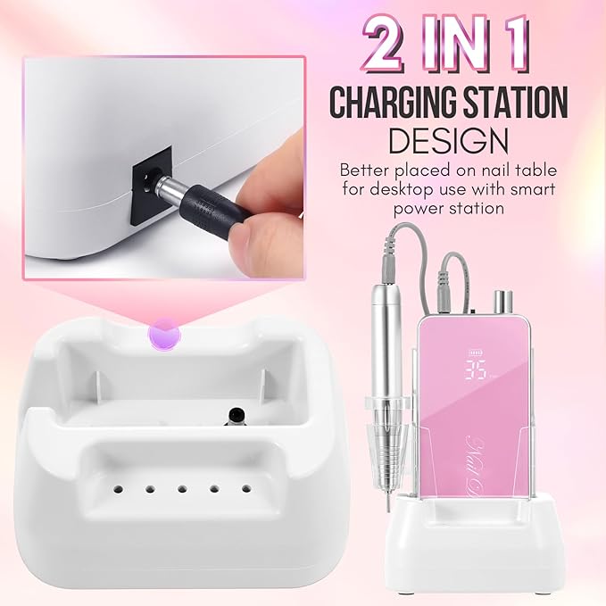 Makartt Professional Nail Drill, 35000RPM Rechargeable Efile with Coreless Motor, Nouvella Electric Nail Filer Machine for Acrylic Gel Removal with Drill Bits Set, Pink