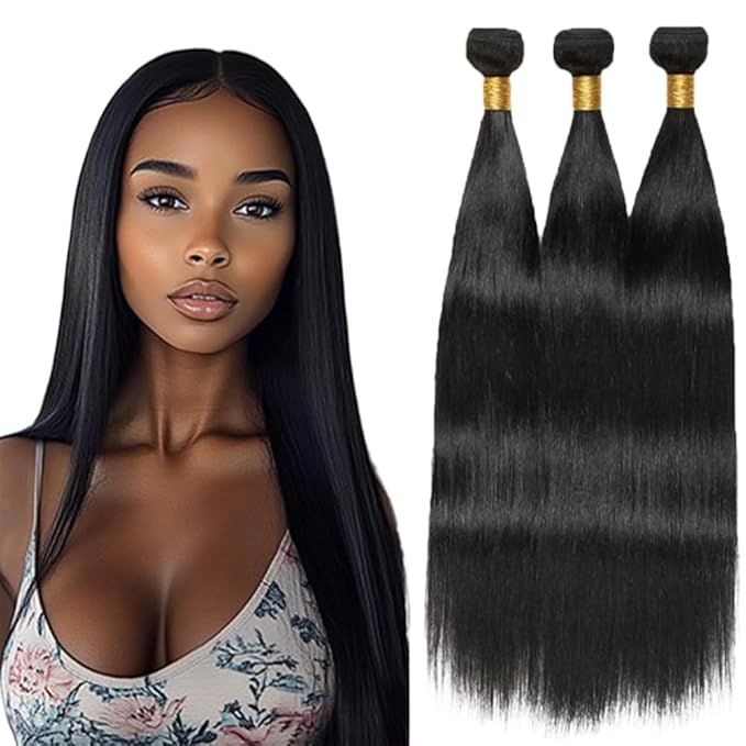 Color 1B Straight Human Hair Bundles Natural Black Straight Bundles Brazilian Remy Hair Extensions 26 28 30 Inch Soft and Silky for Women