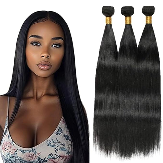 Color 1B Straight Human Hair Bundles Natural Black Straight Bundles Brazilian Remy Hair Extensions 26 28 30 Inch Soft and Silky for Women