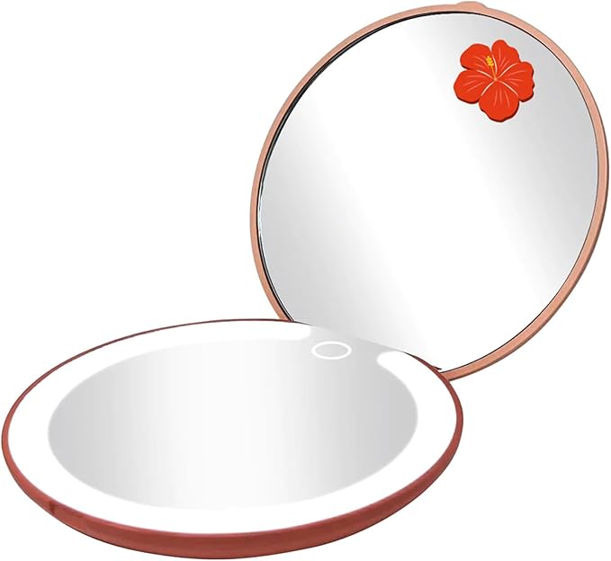 Impressions Vanity Disney Stitch Compact Mirror with Light, Double Sided Cute Travel Makeup Mirror with Magnification, Daylight LED Lighting, Adjustable Brightness, and Touch Control (Coral)