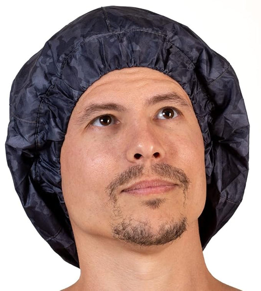 Men Shower Cap For dreadlocks, braids, curls, locs, curly Hair. Waterproof, Reusable, Large shower cap for mens hair. Terry cloth lined, elevated, sleek looking shower caps (Black Camouflage)