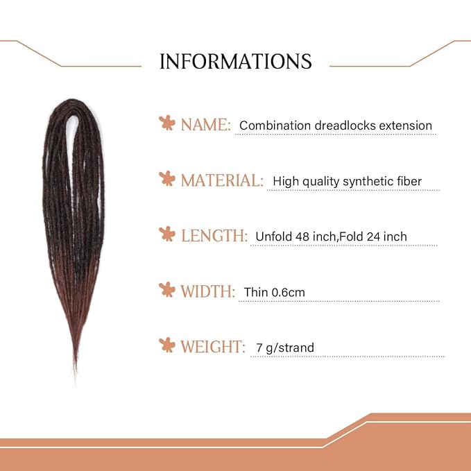24 In Double Ended Dreadlock Extensions, Ombre Auburn 10 Strands Thin 0.6cm Width Synthetic DE Dreads Extensions, 100% Handmade Dreads Hippie Style Dreadlocks for Woman