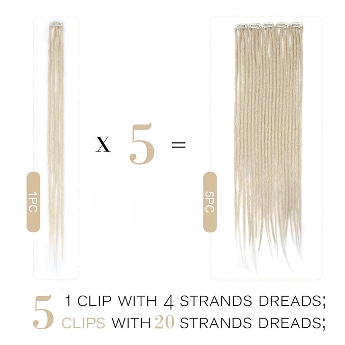 5 PCS Clip In Dreadlock Extensions, 24 inch 20 Strands 613 Blonde Synthetic Clip In Dreads Extensions for Woman