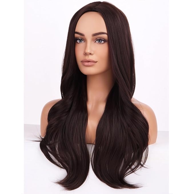 BERON Brown Wigs Long Wavy Wig for Women Girls Dark Color Heat Resistant Synthetic Hair Wigs for Cosplay Party Daily or Use