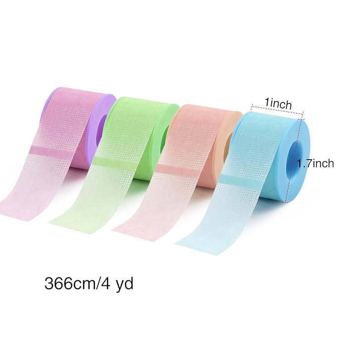 Lash Tape, Silicone Gel Eyelash Tape for Eyelash Extensions Stick Well,Breathable Lash Tape Gentle on Skin,Micro-Porous Eyelash Extension Tape Blue Pink Purple Green 4Rolls(1Inch X4 Yards)